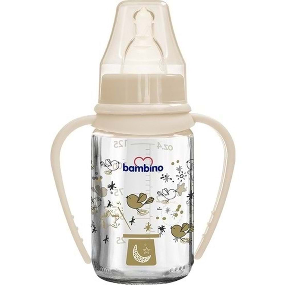 Bambino Kulplu Cam Biberon 125 ml Krem Şapka