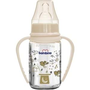 Bambino Kulplu Cam Biberon 125 ml Krem Şapka