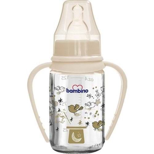 Bambino Kulplu Cam Biberon 125 ml Krem Şapka