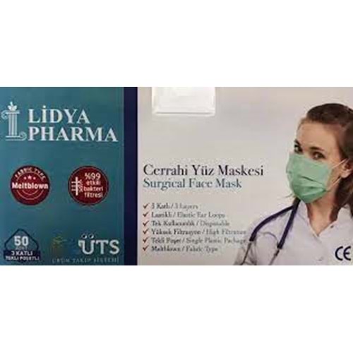 Lidya Pharma Cerrahi Maske Tek Tek Steril Telli 3 Katlı 50 Adet Yeşil