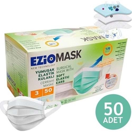 Ezio Meltblown Yumuşak Elastik Kulaklı Kalın Lastik Telli 3 Katlı Maske 1 Kutu 50 Adet Beyaz